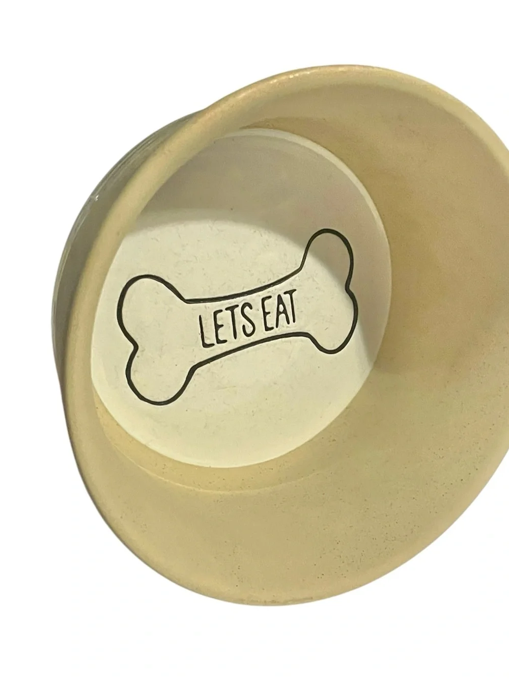 Top Paw Two Tone Ceramic Pet Bowl Gold/Cream “Lets Eat” Bone in Bottom 6” x 3”